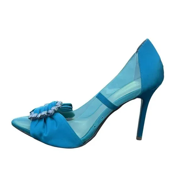 Betsey Johnson Teal Blue Rhinestone Bow wedding pointed toe heel Maise Pump 9.5 - Picture 5 of 11